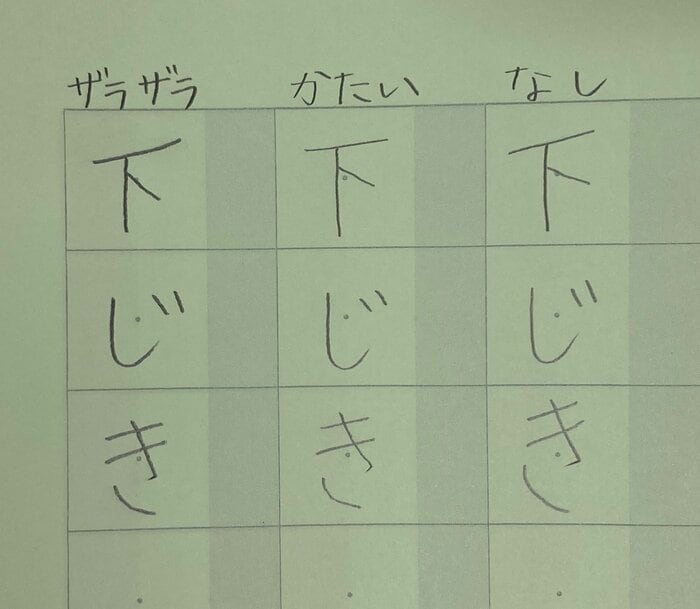 下敷きの種類を変えて書き比べたもの。左から、ザラザラ、かたい、なし(画像提供:大栗紙工)