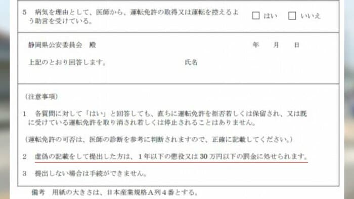 免許更新時の質問票(静岡県警HP)