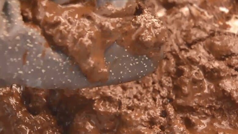 仙台市が採取した堆積物　赤い泥のように見える