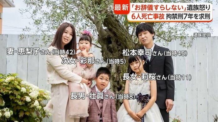 亡くなった松本幸司さん、妻の恵梨子さん、長女・莉桜さん、長男・壮眞さん、次女・彩那さんの一家5人