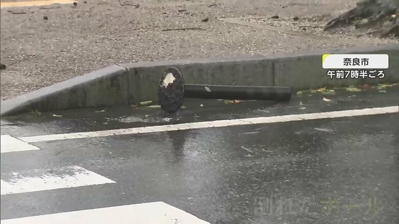 アスファルトからはがれ、倒れたとみられるポール