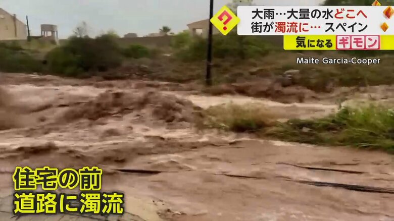 住宅の前の道路で、茶色く濁った水が、猛スピードで流れている
