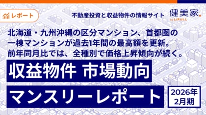 北海道・九州沖縄の区分マンション、首都圏の一棟マンションが過去1年間の最高額を更新。前年同月比では、全種別で価格上昇傾向が続く。「収益物件 市場動向マンスリーレポート」2026年2月期