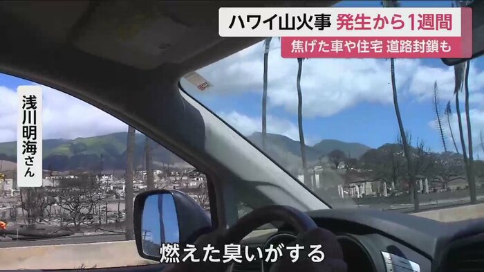 車窓から見えるのは焦げた木や住宅、車ばかり