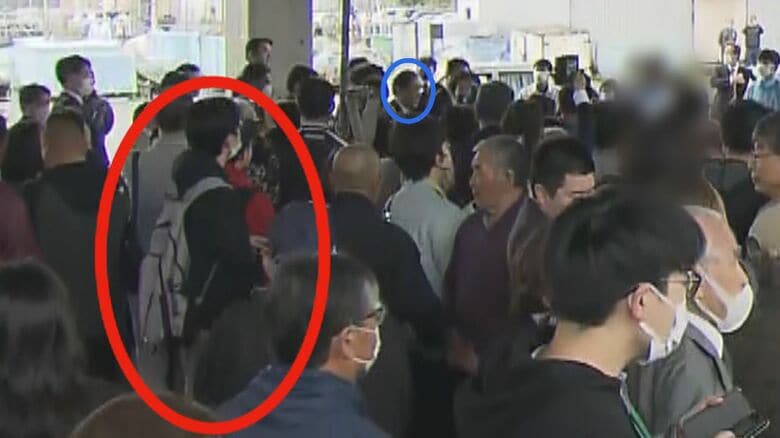 赤丸が爆発物を投げた木村被告、青丸が岸田首相　2023年4月15日