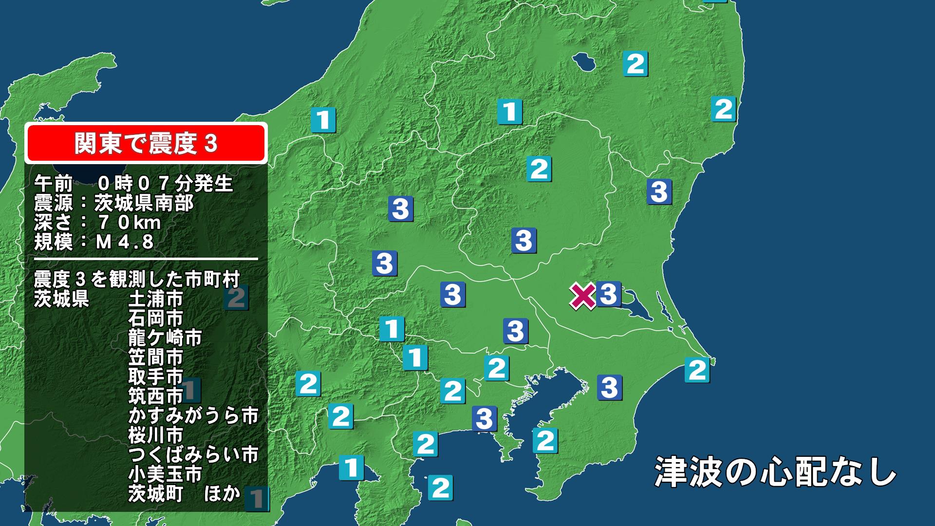 茨城県で最大震度3の地震 茨城県・笠間市、小美玉市、茨城町、土浦市、石岡市、龍ケ崎市、取手市、筑西市