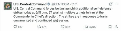 【速報】アメリカ軍がイランの複数箇所へ攻撃開始　「追加の自衛攻撃」と発表