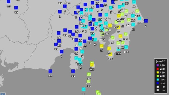 21日午後5時10分時点での1時間降水量