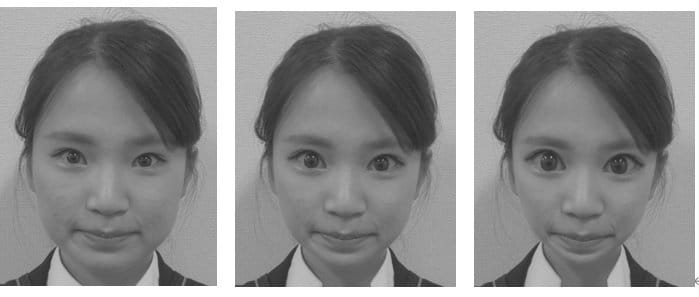 【左】加工前の顔画像【中】加工した顔画像【右】極端に加工した顔画像（提供：大阪大学大学院・中野珠実准教授）