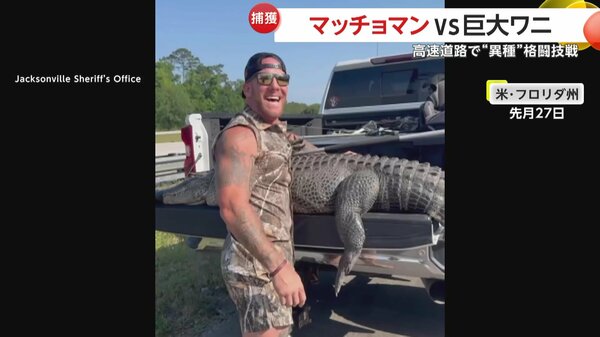 番狂わせだな！」高速道路でマッチョマンvs巨大ワニの“異種”格闘技戦