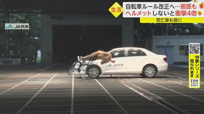 人形を乗せた自転車と車の衝突実験