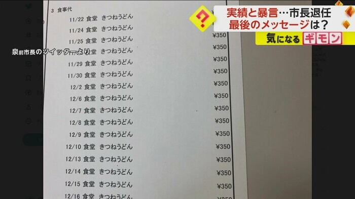 泉前市長がツイッターに載せた食事の記録。全て「きつねうどん」と記載されている