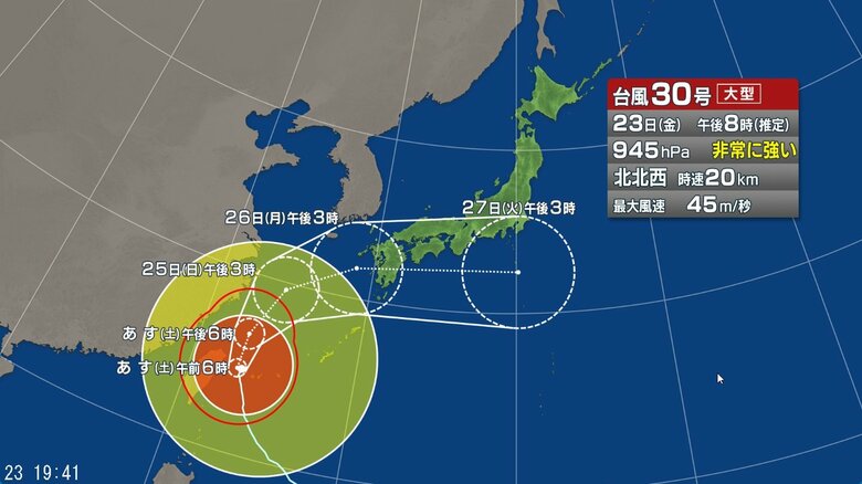 【台風情報】大型で非常に強い台風30号の進路予想　24日にかけ先島諸島にかなり接近する見込み　26日頃には九州に接近する見込み　前線の影響で九州から関東では雨が降り雨脚が強まる所も｜FNNプライムオンライン