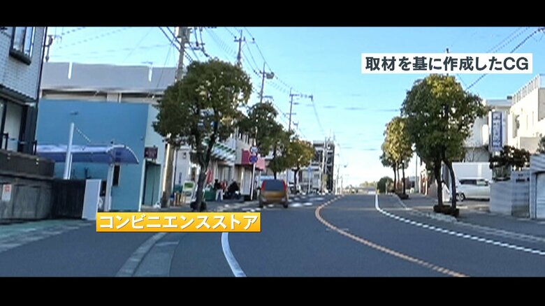 坂道で路肩に止まっていた軽自動車が、突然…(取材を元に作成したCG)