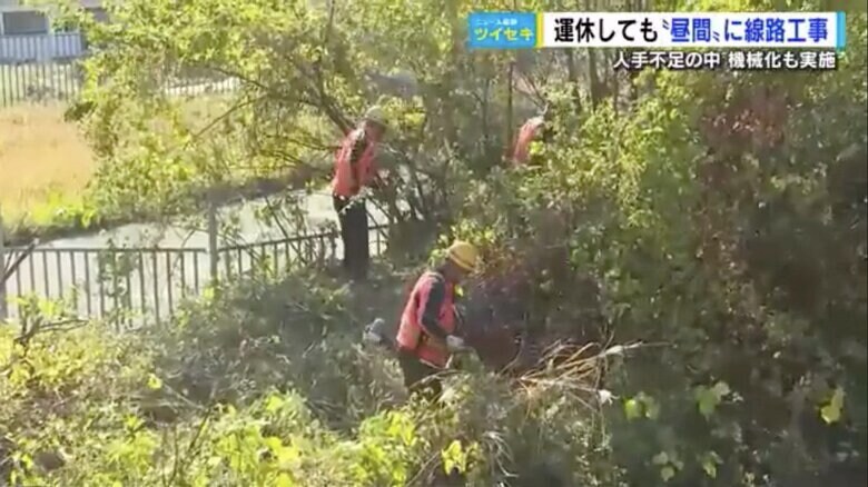 線路脇に生い茂る草を刈る作業員