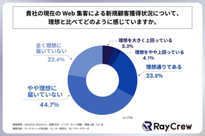 企業のマーケティング担当者の7割以上が、Web集客による新規顧客獲得状況について「理想的な状況ではない」と回答!株式会社レイクルーが「企業の新規顧客獲得状況の実態」に関する調査を実施!