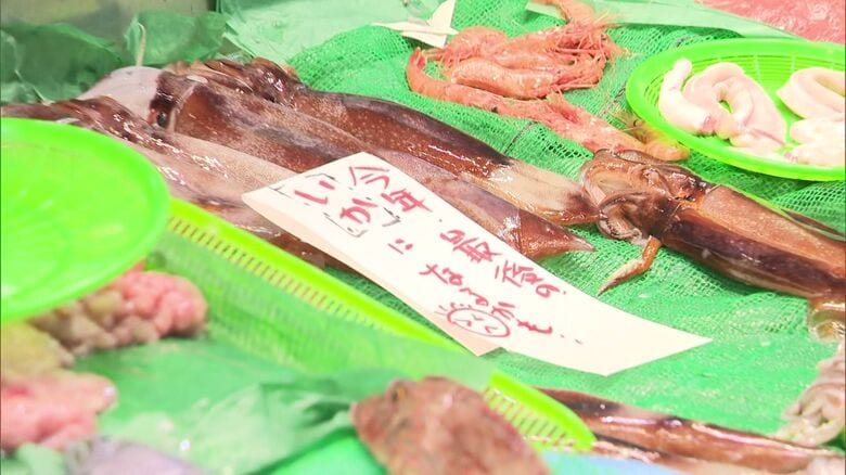 函館市内の鮮魚店には「今年最後のイカになるかも」の文字が