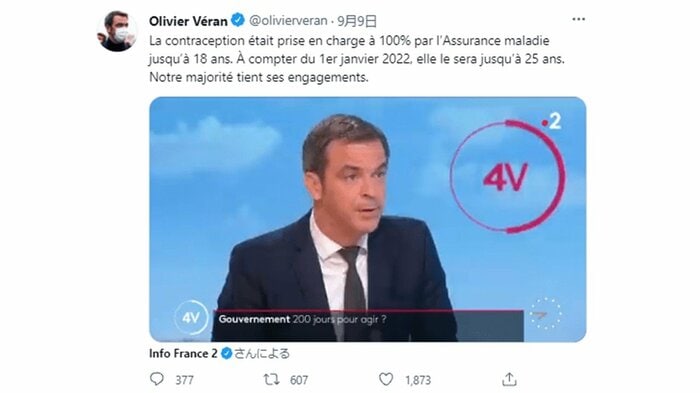 フランス保健相のツイッターより 「2022年から避妊の保険適用を25歳まで拡大」
