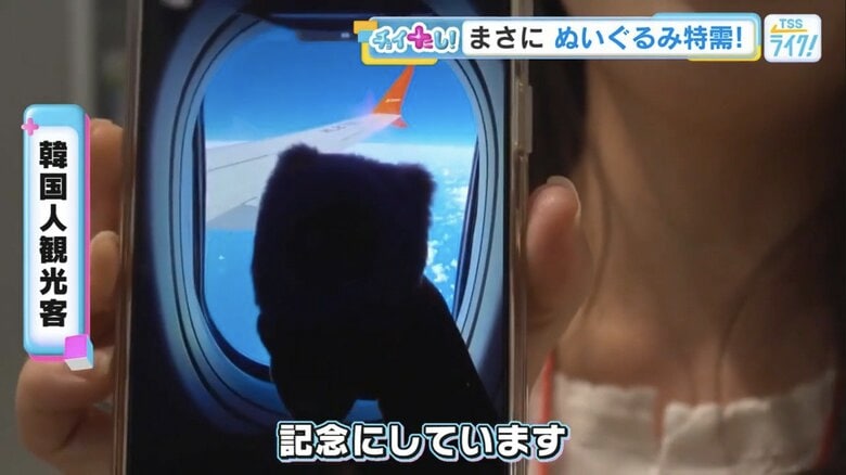 旅の記念にぬいぐるみの写真を撮る韓国人観光客