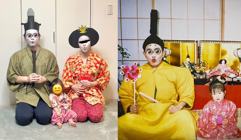 左：3月で使用した「ひな祭り」の写真　右：26年前の写真（提供：ぺんこさん）