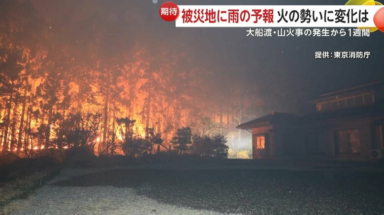 草木に燃え移った炎が住宅に迫る