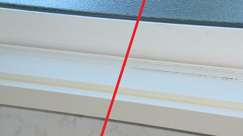 漂白剤をつけた左側はピカピカに