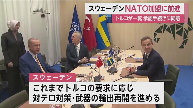 会談するトルコのエルドアン大統領と、スウェーデンのクリステション首相