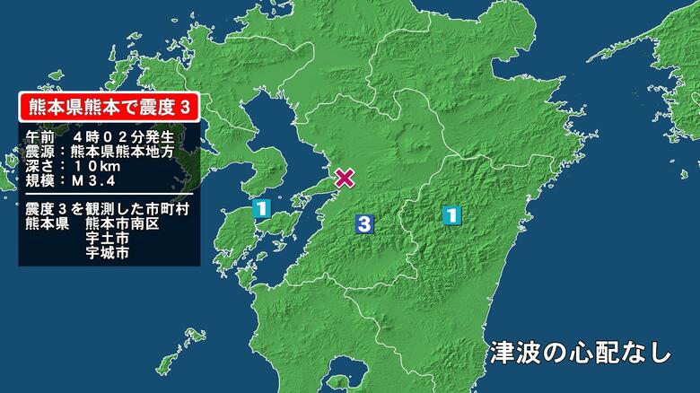 熊本県で最大震度3の地震　熊本県・熊本南区、宇土市、宇城市｜FNNプライムオンライン