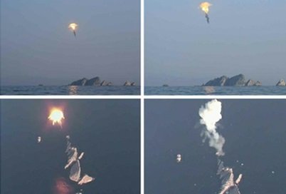 標的の島の高度500mで爆発した2発の"戦術地対地弾道ミサイル"(労働新聞・2023年3月28日)