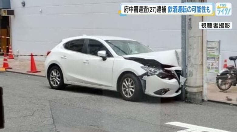 飲酒運転の疑いも　広島県警・府中警察署の巡査の男（２７）を現行犯逮捕　「電柱にぶつかり車大破」｜FNNプライムオンライン