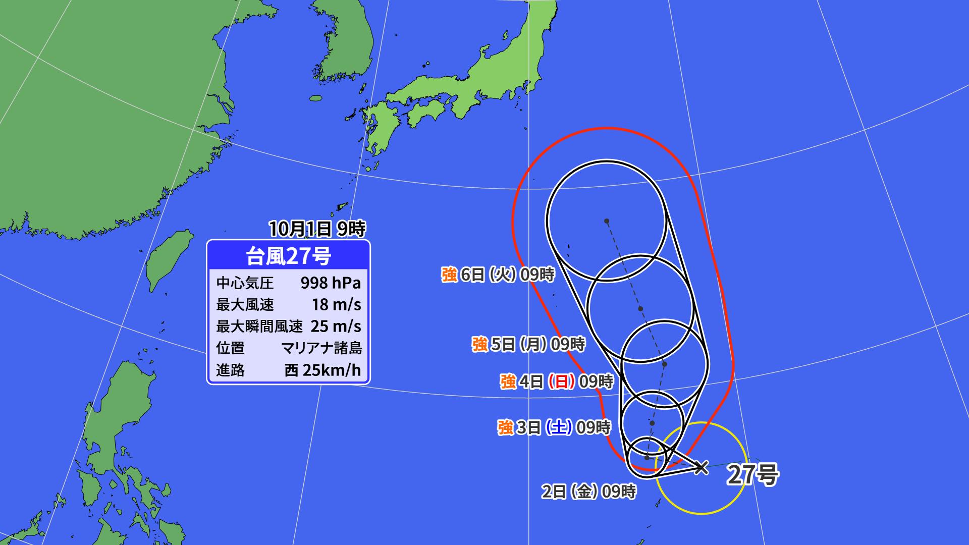 台風２７号が発生　１０月までに２７号発生は１３年ぶり　本州の東海上を北上か
