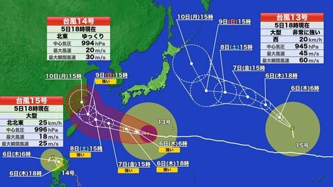 【台風情報】トリプル台風の影響は？　13号接近の沖縄で大雨警戒　15号で関東などは海のレジャーに影響か　うねりに注意　海水浴では離岸流に注意　　