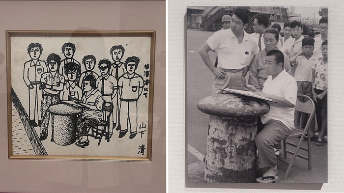 左：≪横浜ふ頭にて≫　ペン画　1956（昭和31）年　