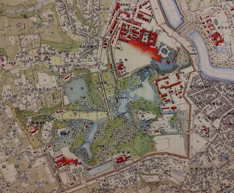 赤坂御用地周辺を描いた明治10年代の古地図（提供：国土地理院）