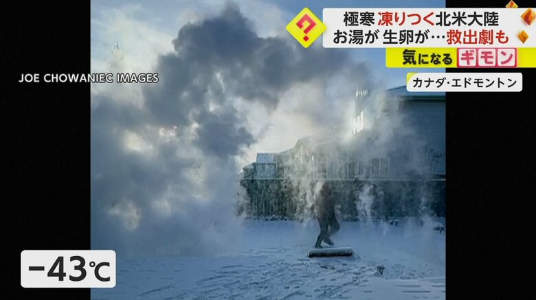 空中にまいたお湯がその場で凍りつく様子