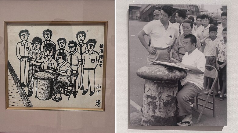 左：≪横浜ふ頭にて≫　ペン画　1956（昭和31）年　