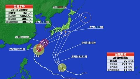 【台風情報】ダブル台風　最新の進路予想　沖縄や奄美では走行中のトラックが横転するおそれがある猛烈な風も　台風7号は27日に西日本から東日本の太平洋側に接近する可能性　梅雨前線はほぼ停滞する見通し