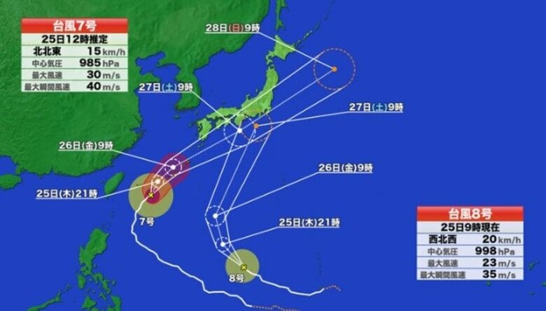 【台風情報】ダブル台風　最新の進路予想　沖縄や奄美では走行中のトラックが横転するおそれがある猛烈な風も　台風7号は27日に西日本から東日本の太平洋側に接近する可能性　梅雨前線はほぼ停滞する見通し｜FNNプライムオンライン