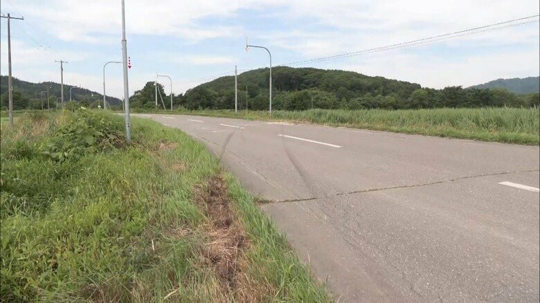カーブの出口部分　路肩には軽乗用車が突っ込んだ跡が残っている