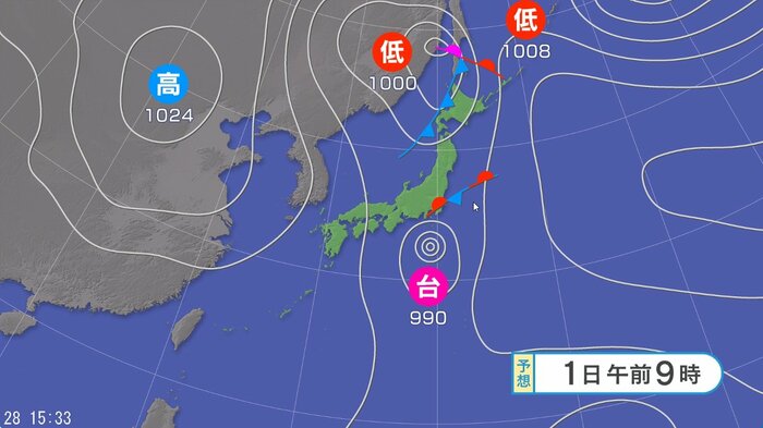 天気図　1日午前9時の予想