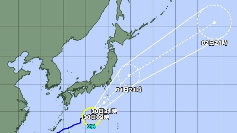 【台風情報】台風26号の進路予想　30日午後9時には八丈島の南南西約170キロに達する予想　10月1日午後9時には福島県いわき市の東約340キロに達する予想｜FNNプライムオンライン