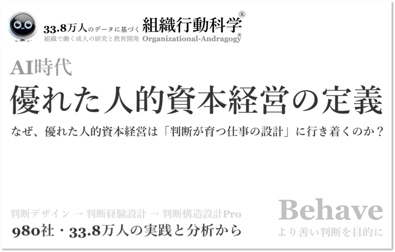 「優れた人的資本経営の定義」を全文公開。33.8万人・980社の分析と実務支援をもとに、AI時代に人的資本経営を機能させる鍵を全29ページ・約29,500文字で整理（組織行動科学(R)）