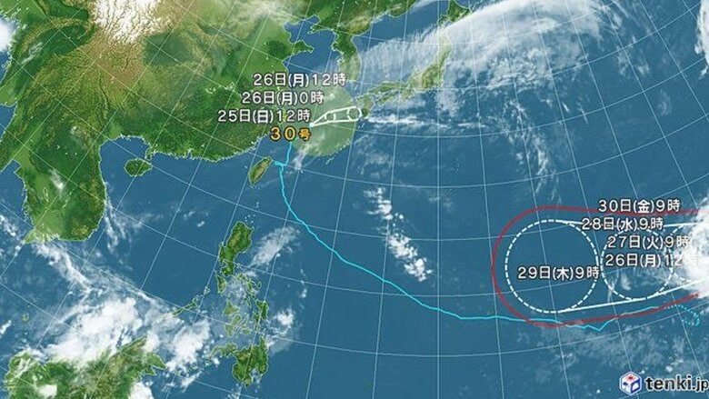 台風30号と台風31号の進路予想図　日本気象協会 tenki.jpより