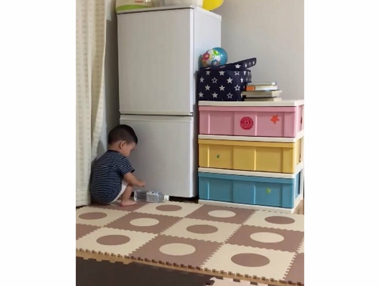 ペットボトルを冷蔵庫にしまうお手伝い中（提供：airiさん）