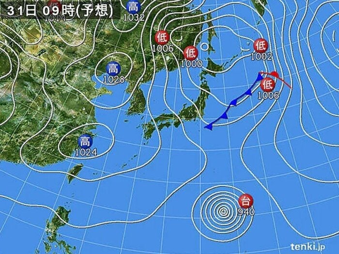 天気図　31日午前9時の予想　日本気象協会 tenki.jpより