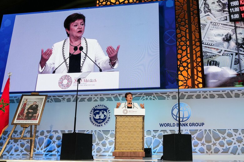 IMF総会で演説するゲオルギエバ専務理事