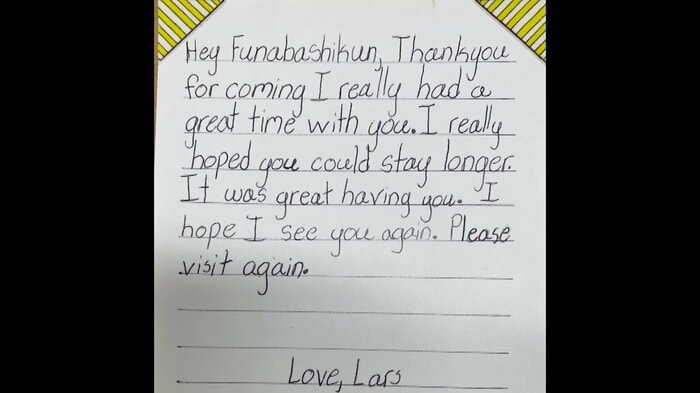 9歳のヌートバー少年が帰国する船橋さんに書いた手紙(船橋さん提供)