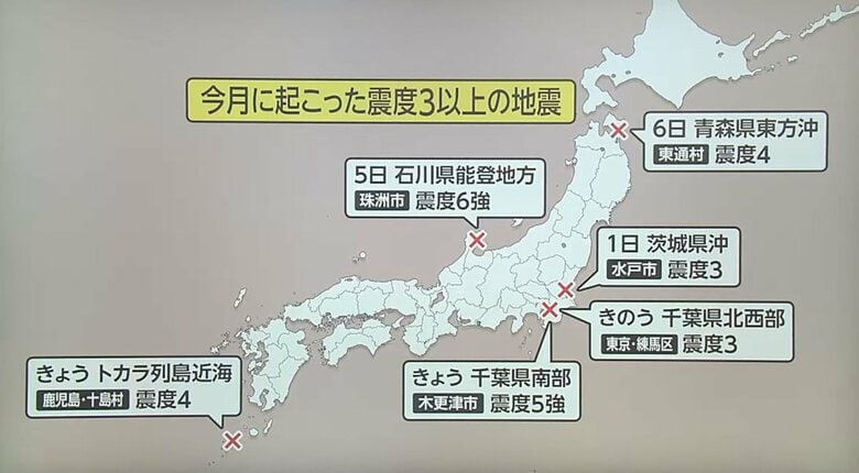 5月に起きた震度3以上の地震