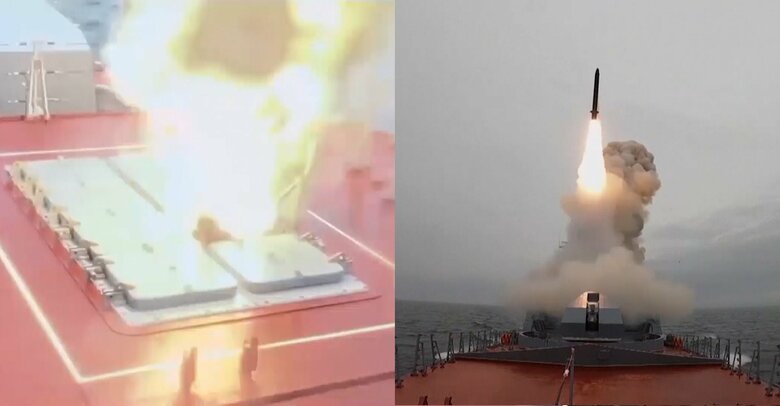 ボストーク2022演習に参加したステレグシュチィII級フリゲートのミサイル垂直発射装置(左)から発射されたカリブル地上攻撃用巡航ミサイル。