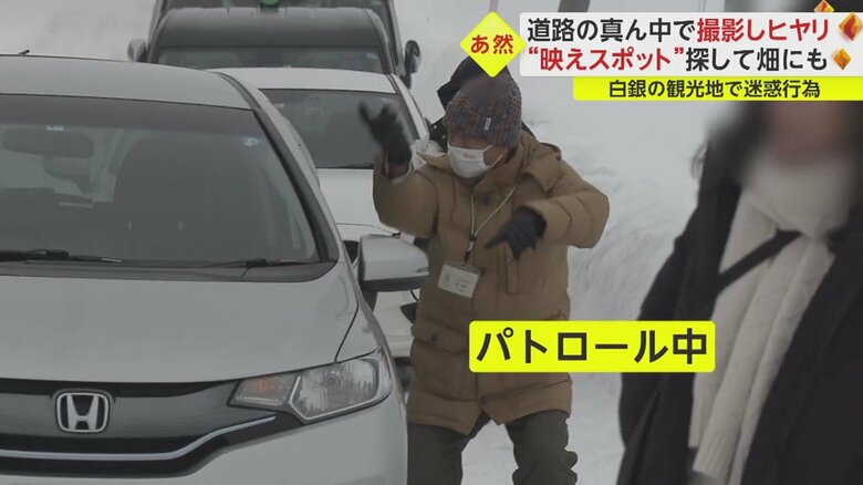 観光協会の担当者が、日本語が通じない観光客に車を動かすよう必死でジェスチャー